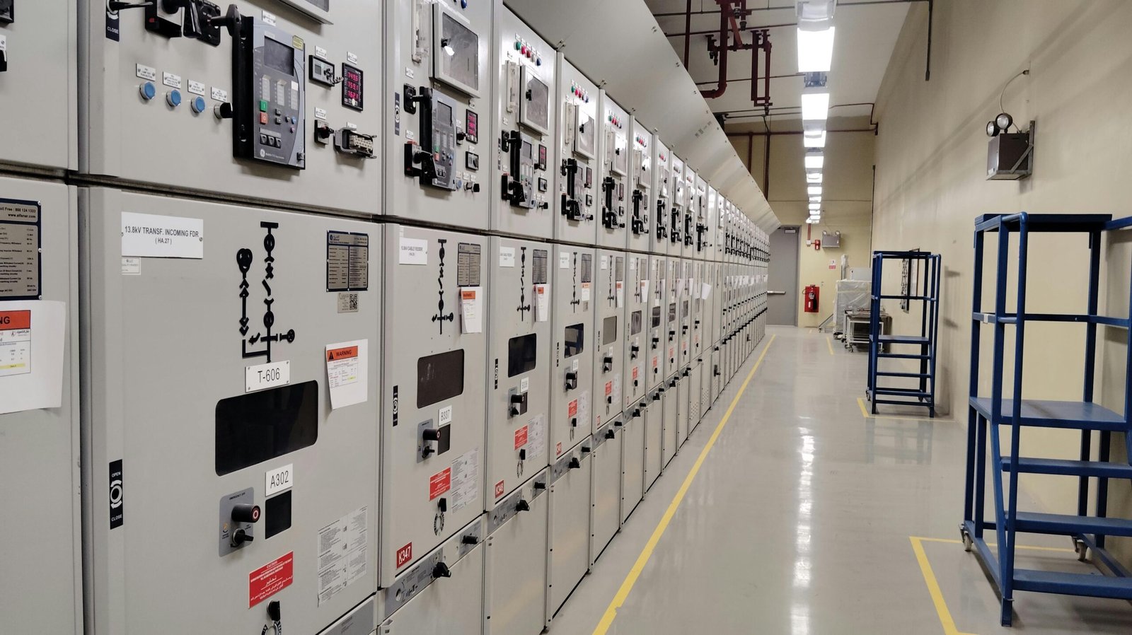service-1 Long row of control panels in an industrial electrical control room, well-lit and spacious.